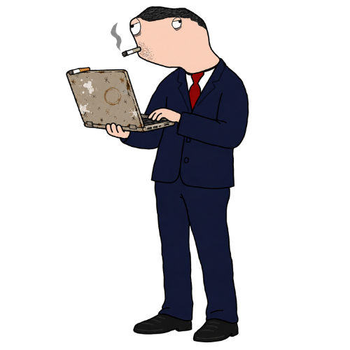 Cartoon drawing of a man in a navy suit smoking a cigarette while typing on a beat-up laptop