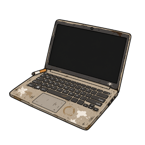 Grungy cartoon laptop with a cigarette resting on the keyboard