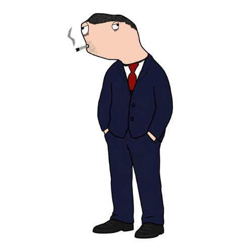 Cartoon drawing of a tall man in a navy suit and red tie smoking a cigarette